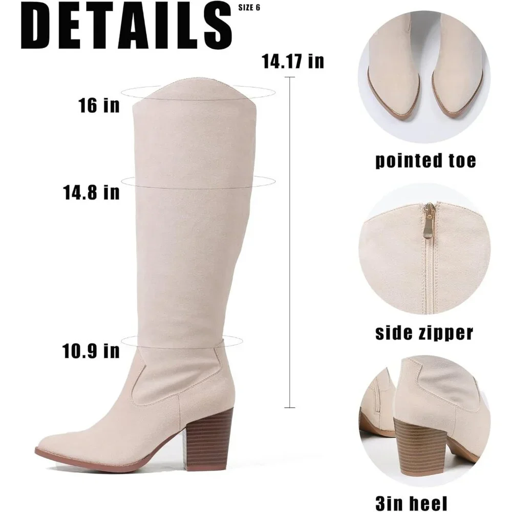 Womens Suede Beige Side Zipper Knee High Pointed Toe Chunky Heel Tall Boots - Picture 6 of 6